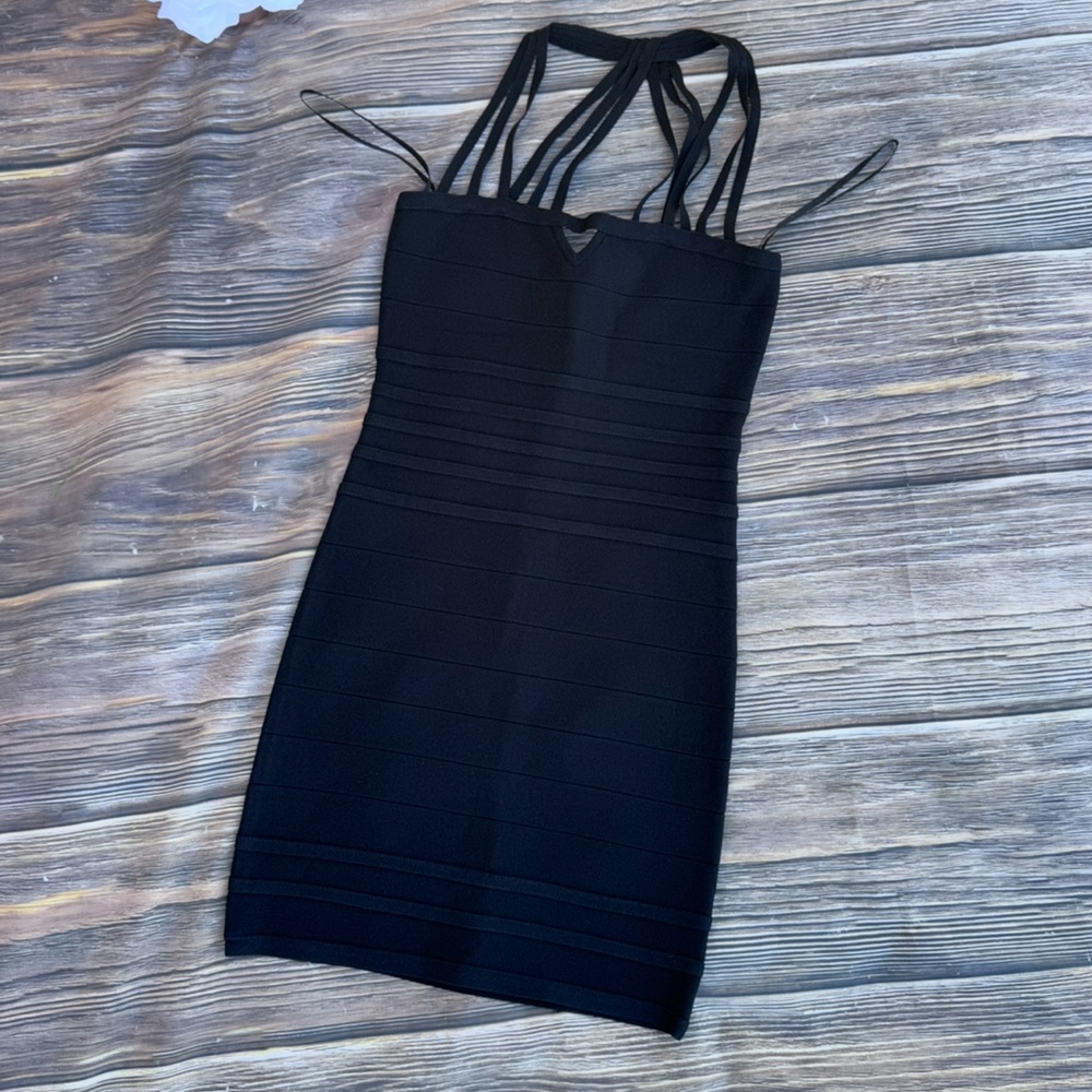 GUC Bebe Black Bandage Bodycon Dress Women’s Size M Strappy Back Mini
